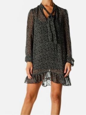 Free People Sheer Black Floral Tie-Neck Ruffle Hem Dress Medium